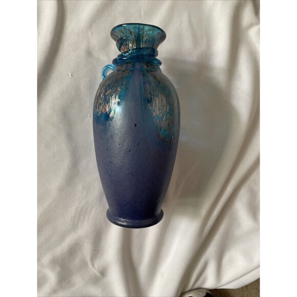 Handmade Blue & Gold Art Glass Vase With Textured Design - Decorative Accent Pie - Picture 10 of 14